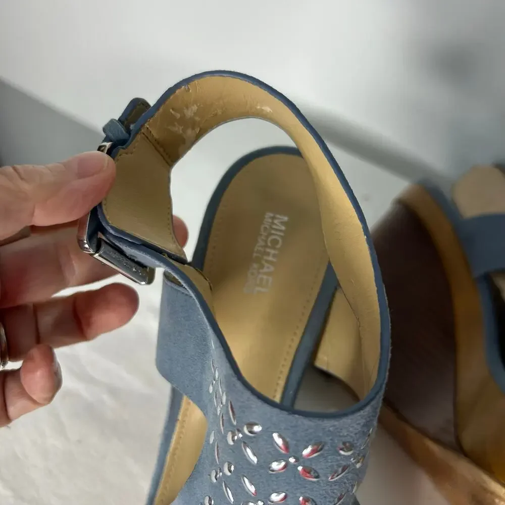 Michael Kors Blue Suede Laser Cut Wedge Sandals Peep Toe Women’s 8.5M